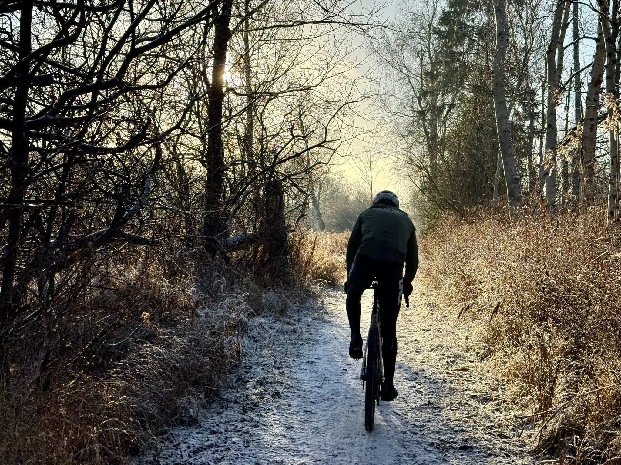Henrik riding along a frost-covered woodland trail during winter training